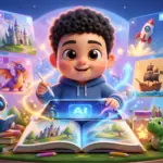 Smiling child with a stylus at a tablet, surrounded by floating screens of a castle, dragon, rocket, and ship in a magical learning scene.