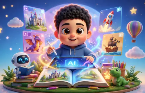 Smiling child with a stylus at a tablet, surrounded by floating screens of a castle, dragon, rocket, and ship in a magical learning scene.