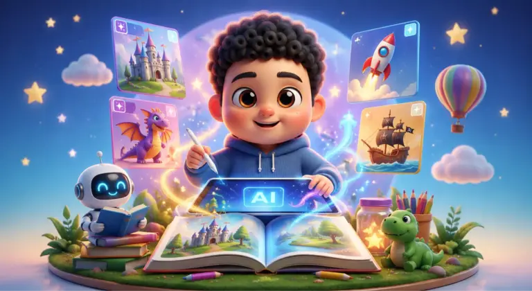 Smiling child with a stylus at a tablet, surrounded by floating screens of a castle, dragon, rocket, and ship in a magical learning scene.