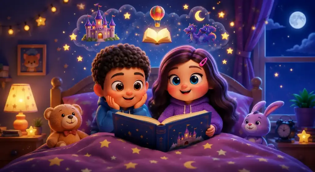 Two children in bed reading a glowing storybook, with a starry night sky, castle, and magical creatures above.