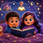 Two children in bed reading a glowing storybook, with a starry night sky, castle, and magical creatures above.