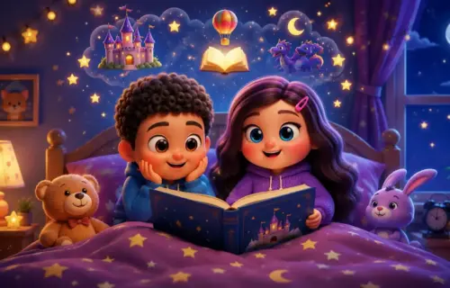 Two children in bed reading a glowing storybook, with a starry night sky, castle, and magical creatures above.