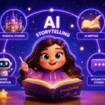 Cartoon girl reading a glowing book about AI storytelling with magical icons and a castle, arrows to writing and narration themes.