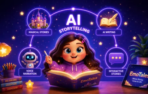 Cartoon girl reading a glowing book about AI storytelling with magical icons and a castle, arrows to writing and narration themes.