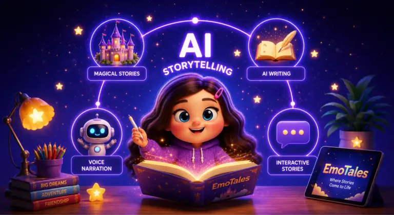 Cartoon girl reading a glowing book about AI storytelling with magical icons and a castle, arrows to writing and narration themes.